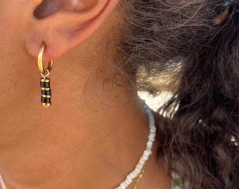 Stainless steel earrings, black agate & golden hematite – natural stones, lithotherapy jewelry, trendy unisex boho style for women