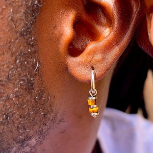 Men's stainless steel silver earrings with tiger's eye and hematite – natural stones for courage and confidence – unisex jewelry