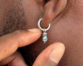 Boucles d’oreilles homme acier inoxydable argent, Turquoise africaine & Hématite–lithothérapie pierre naturelle sérénité protection unisexe