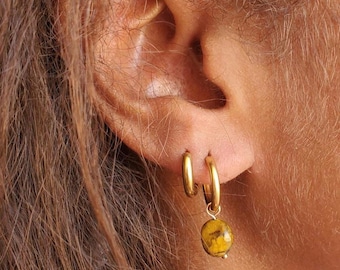 Gold Tiger's Eye Earrings – Natural Gold Stone Hoop Earrings, Protection & Energy Jewelry, Boho Chic for Women, Stainless Steel