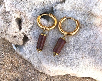 Gold-plated stainless steel earrings with natural tube stones: red jasper, black onyx, or rose quartz - boho chic lithotherapy jewelry for women