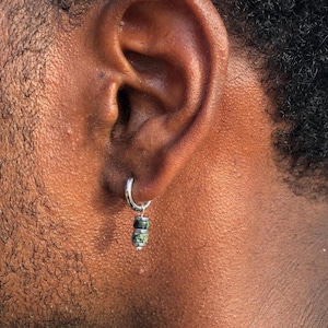 Pendientes de hombre de acero inoxidable, plata, turquesa africana y hematita - litoterapia piedra natural serenidad protección unisex