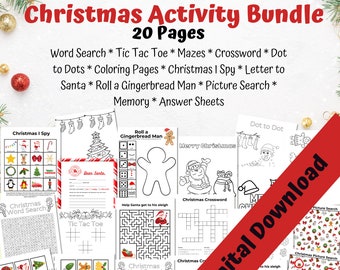 Paquete de actividades navideñas para niños/Páginas para colorear navideñas/Juegos imprimibles/Actividades imprimibles/Juegos navideños/Descarga instantánea