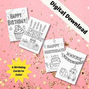 Birthday Coloring Cards Set of 4 Digital Download/ Birthday Activity / Birthday Craft / Birthday Gift / PDF Download
