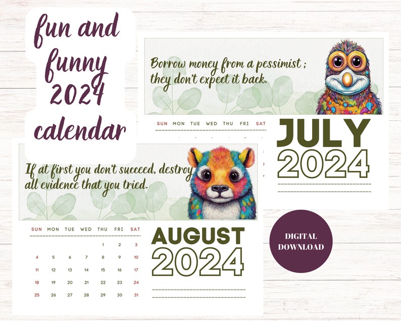 Fun and Funny 2024 Calendar, 2024 Wall Calendar, Calendar Printable