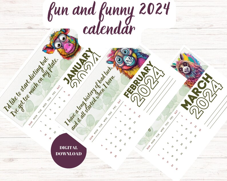 Fun and Funny 2024 Calendar, 2024 Wall Calendar, Calendar Printable