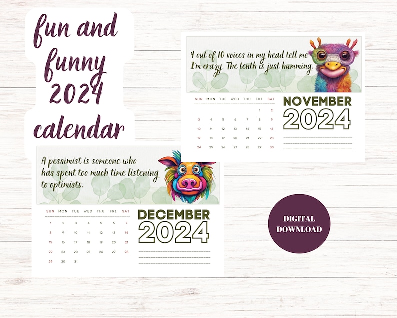 Fun and Funny 2024 Calendar, 2024 Wall Calendar, Calendar Printable