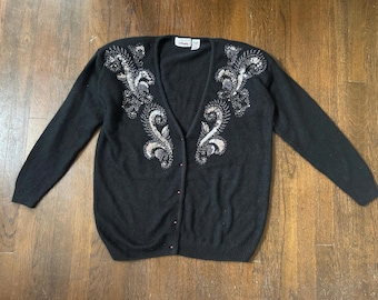 Vintage 1980s Worthington Angora Blend Sequin Black Cardigan