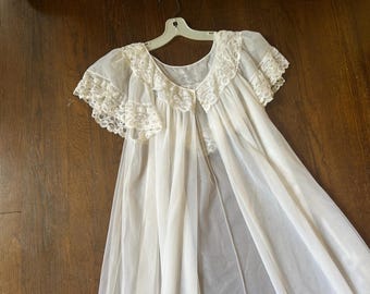 1950s Double Chiffon Peignoir VTG SHADOWLINE White Layered Chiffon Bridal Boudoir Nightgown Robe Large