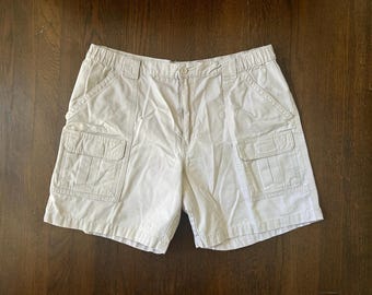 Vintage y2k Cargo Shorts 100% cotton Savane Men Cargo Shorts Beige Elastic Waist Outdoor size 40