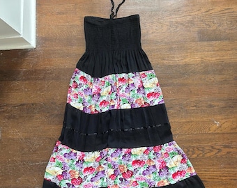 Vintage 90’s y2k Tiered Boho Black and Floral Midi Smocked Dress ribbon details size Small sun dress