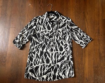 Vintage Y2K Sheer Black Blouse geometric print half Sleeve Size Womens Small Top crystal button Blouse Light Weight whimsigoth