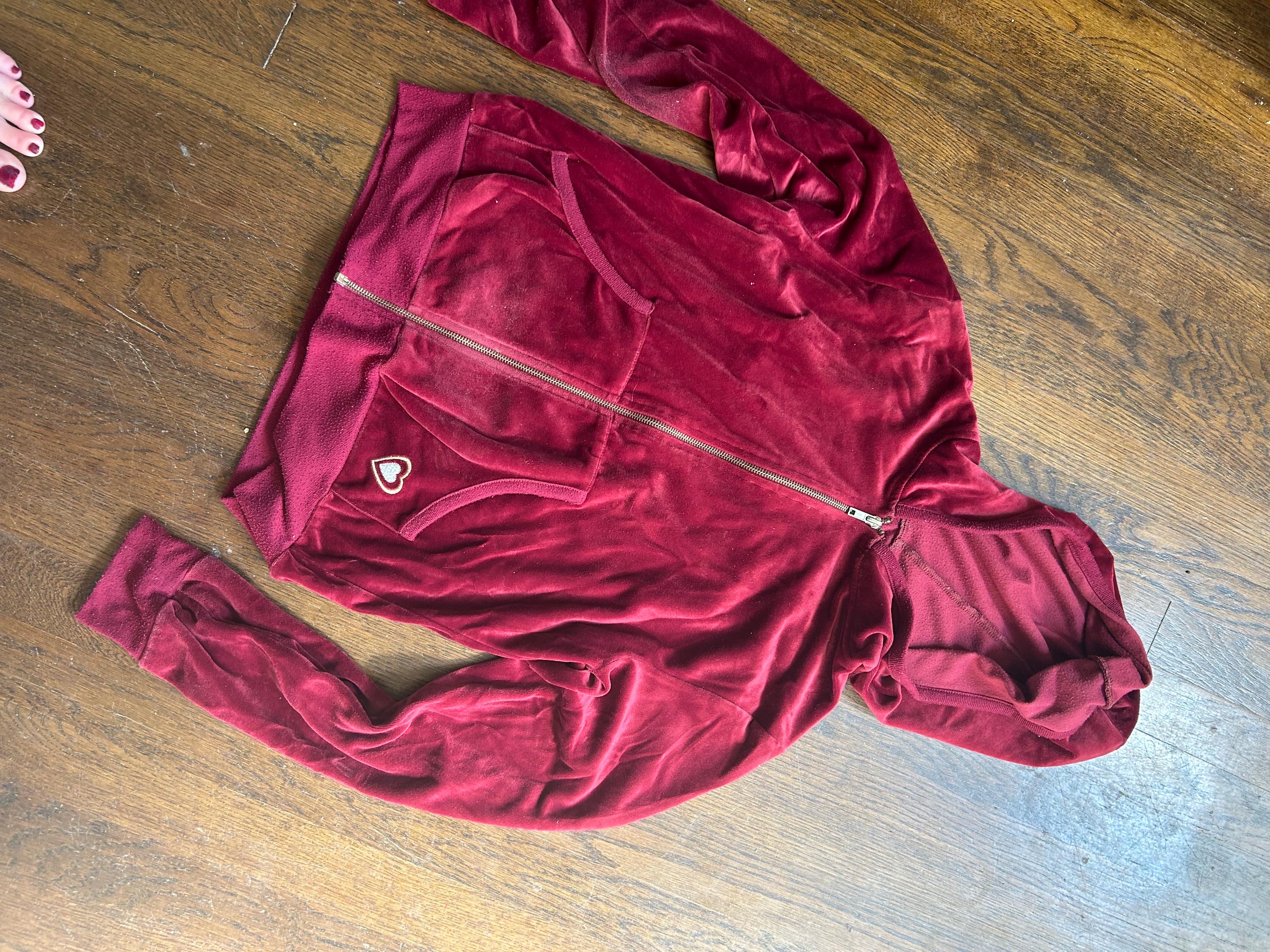 Vintage Y2k 2000s Velour Track Suit Jacket Embroidered Heart Red 