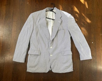 Vintage 1980’s Blue Seersucker Blazer Pinstripe Suit Jacket Buttons 100% cotton