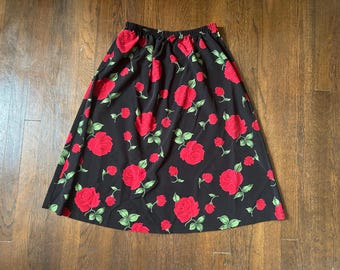 Vintage 80’s Red Rose Floral Black midi skirt
