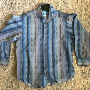 Vintage V Luxe striped Flannel like patterned button down indigo blue and Black pattern  Large