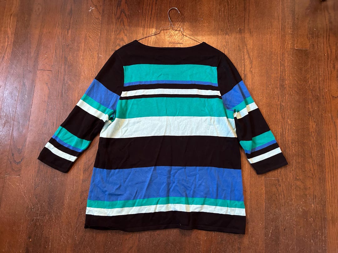 1990’s Vintage Striped Colorblock Size Xl Blue Black Gray 3/4 Sleeve ...