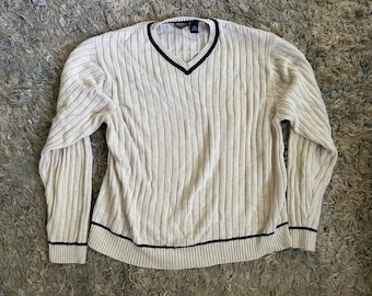 Vintage Collegiate knit cable knit Beige V neck Sweater Saddlebred Thick Rib Knit Sweater Mens XL 100% Cotton