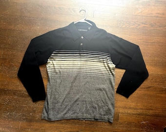Vintage 1990’s Retro contrast striped gradient  Polo long sleeved collared black and gray Large