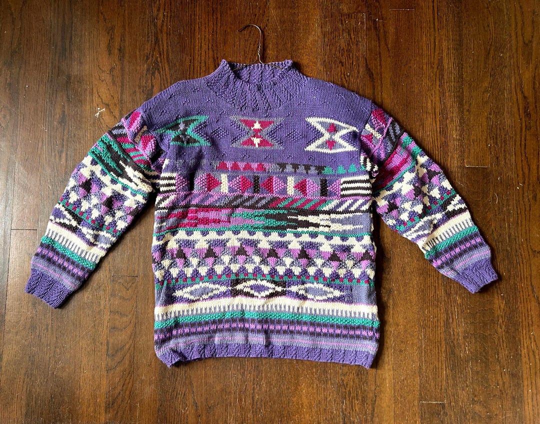 1980’s Vintage Incredible Hand Knit Purple Aztec Design Textured ...