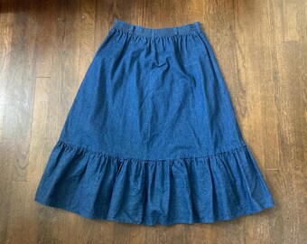 Gonna stile cowgirl/prateria in denim vintage anni '90 con orlo a balze, taglia M