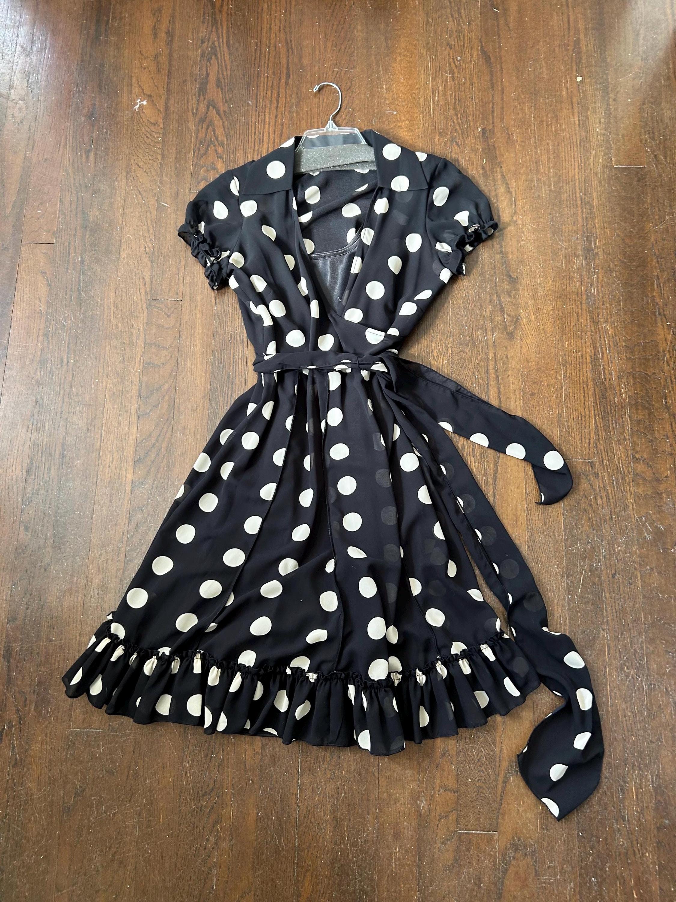 Vintage Polka Dot Shirt Dress 90s Does 50's Chiffon Belted Mini Dress Classic Chic Glam Black and White Bubble Sleeeve Size 8