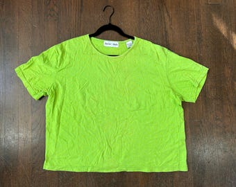 Vintage 80’s Lime Green Floral embroidered pocket Boxy T-Shirt 100% cotton USA oversized Extra Large