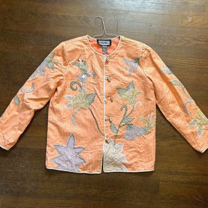 Vintage Indigo Moon Embroidered Chore Jacket with Boho Quilted Patchwork Peach coat with toggle buttons Size Small
