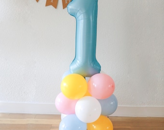 Balloon tower, groovy first birthday, rainbow balloon decor, Balloon tower DIY, blue number balloon