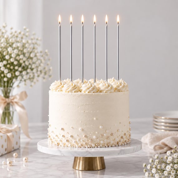Extra lange Tortenkerzen, Hohe Gold-Silber-Rosen-Geburtstagskerzen, Gold-Silber-Kerzen, Gold-Silber-Kuchendekorationen