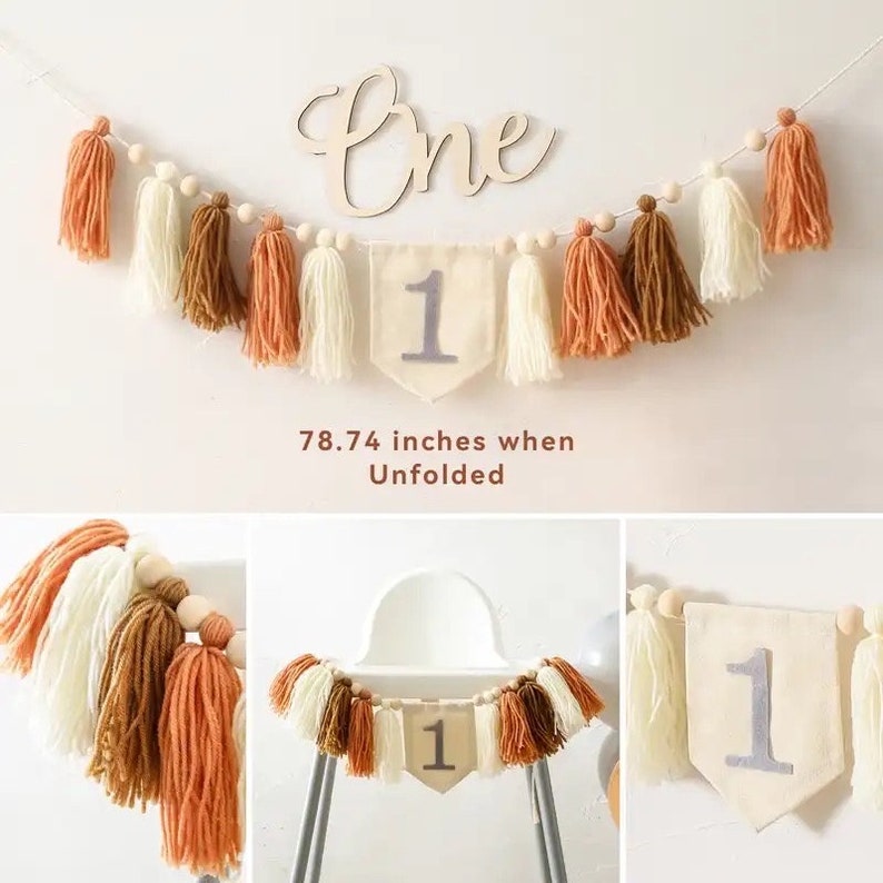 Puede incluir: Una guirnalda decorativa con borlas en crema, marr&oacute;n y naranja, cuentas de madera y un letrero de madera "One". La pancarta incluye un bander&iacute;n de tela con el n&uacute;mero 1. Desplegada, la pancarta mide 200 cm.