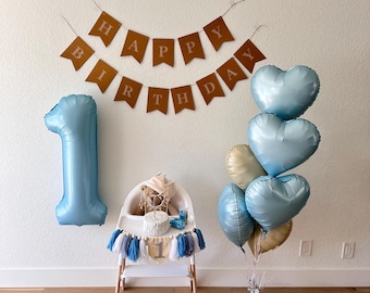 Baby Blue 1st Birthday Decorations, Balloons, Highchair Banner