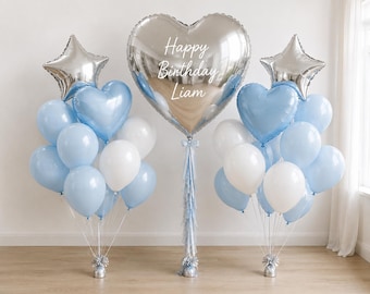 Personalized Birthday Balloons for Boy, Blue and Silver Balloon Set, Custom Heart Balloon, Boy Birthday Decorations, Baby Blue Balloons