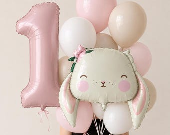 Bunny first birthday decor, bunny balloon, bunny birthday party, pink balloon, pink number balloon, pink first birthday