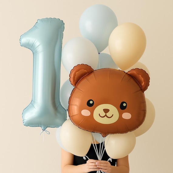 Bear first birthday decor, bear balloon, bear birthday party, blue balloon, blue number balloon, boho first birthday
