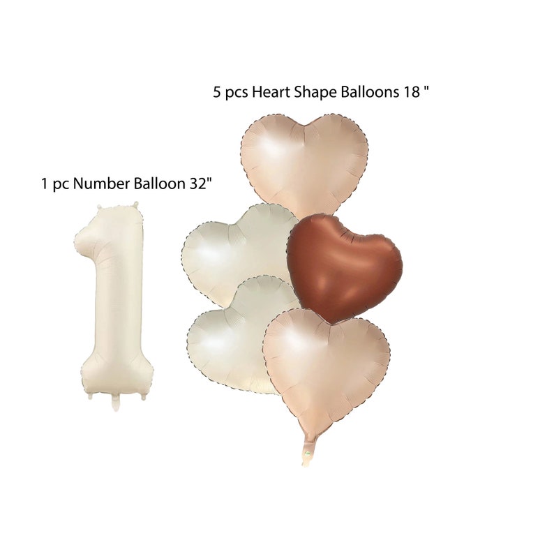 May include: A set of balloons for a first birthday party.  There is a large number 1 balloon in beige and five smaller heart-shaped balloons in beige and brown.  The text on the image reads "1 pc Number Balloon 32" and "5 pcs Heart Shape Balloons 18".
