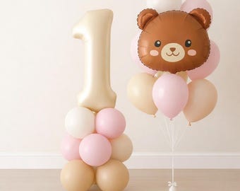 Bär erster Geburtstag Dekor, Ballon Turm, Bär Geburtstagsparty, Bär Ballon, blau rosa Zahl Ballon, Boho erster Geburtstag, Ballonsäule