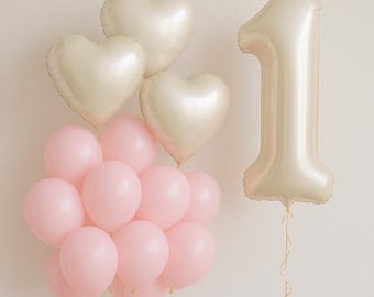 Blush pink 1st birthday girl pink decorations, aesthetic 1st birthday, balloon set, one birthday, baby girl birthday, Beige number Balloon