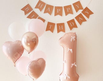 First birthday girl party, pink balloon, balloons with bows, pink bow party decor, Bows decor, Girls just wanna be one decor