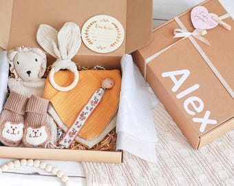 Neugeborenen Geschenkbox, Löwe Kuscheltuch, Socken, Lätzchen, Schnullerclip