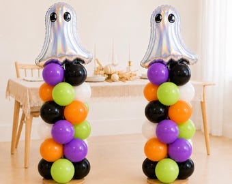 Halloween Party balloon decor, Ghost balloon, birthday Halloween balloon tower, Halloween balloon tower DIY, Halloween birthday