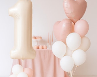 Conjunto de globos con estética pastel rosa ruborizado, globo rosa bohemio ruborizado para primer cumpleaños, conjunto de globos de cumpleaños blancos, globo con número neutro beige arena