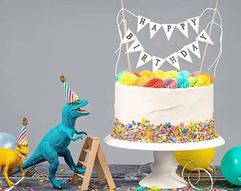 Handmade Happy Birthday Cake Topper, Ivory Cotton Pennant Banner