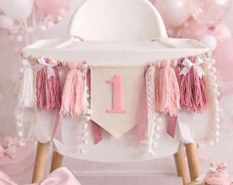 Bow 1st birthday banner, bow High chair banner, bow party decor, pink bow banner, pink high chair banner for baby girl 1st birthday party