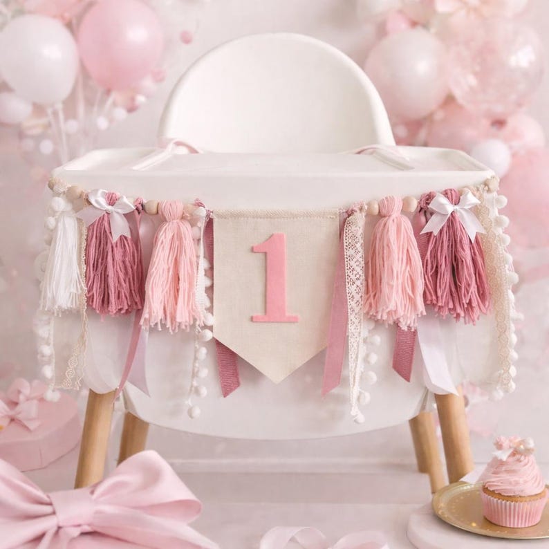 Bow 1st birthday banner, bow High chair banner, bow party decor, pink bow banner, pink high chair banner for baby girl 1st birthday party