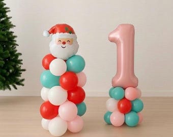 Christmas 1st birthday baby girl, Baby Santa 1st birthday themed, Pink Christmas balloon tower, Winter Onederland birthday decor