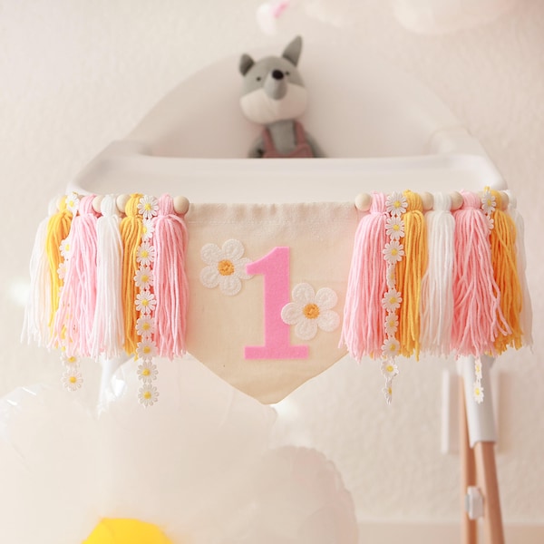 Daisy kinderstoelbanner, kwastjesslinger, boho 1e verjaardagsfeestje, Daisy-feest, één verjaardagsbanner, gele banner