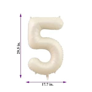 May include: A large, cream-colored, foil number 5 balloon. The balloon is 29.5 inches tall and 17.7 inches wide.
