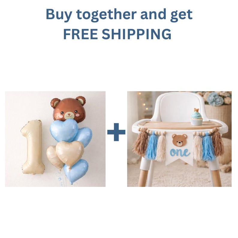 Puede incluir: Un conjunto festivo para el primer cumplea&ntilde;os con una trona con una pancarta que dice "one" y un ramo de globos con el n&uacute;mero 1, un osito de peluche y globos en forma de coraz&oacute;n en azul y beige.