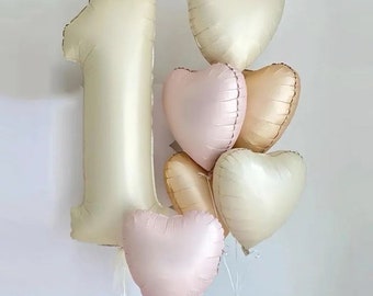 Pink Heart Balloons, Beige Number 1, Girl's 1st Birthday Decorations